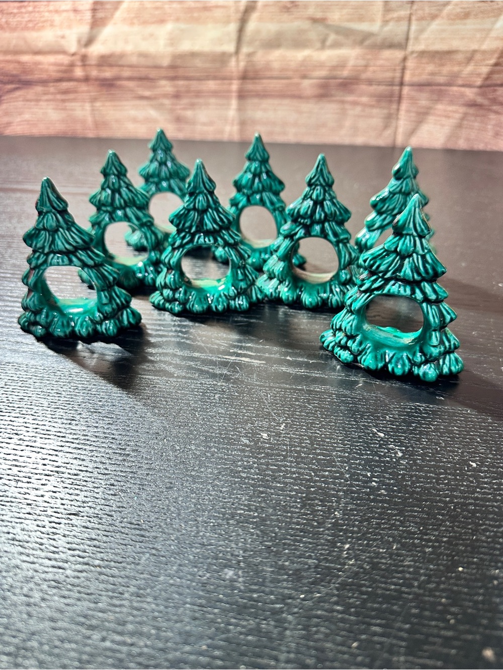 8 Pc Set Vintage Christmas Tree Ceramic Napkin rings hand Painted And Glazed